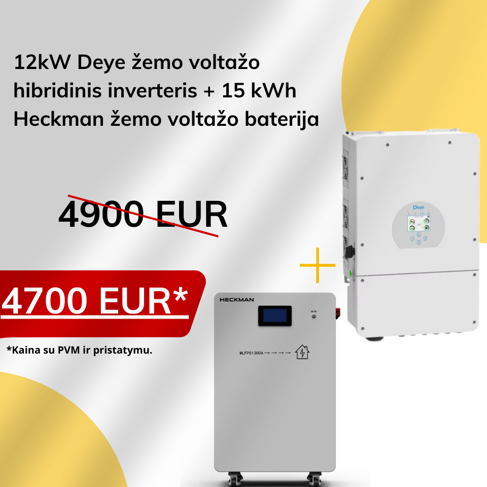12kW Deye žemo voltažo hibridinis inverteris + 15 kWh Heckman žemo voltažo baterija
