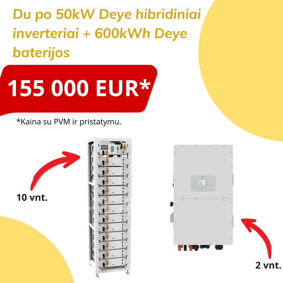 2 x 50kW Deye hibridiniai inverteriai + 600kWh Deye baterijos komplektas